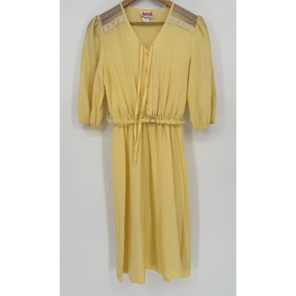 70s Jerell Yellow Secretary Dress Crochet Mesh Sheer Shoulder Boho Midi Size‎ 9